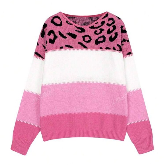 Comfy Leopard color Block Stripe Pattern Long Sleeve Knit Sweater Top - Picture 6 of 10